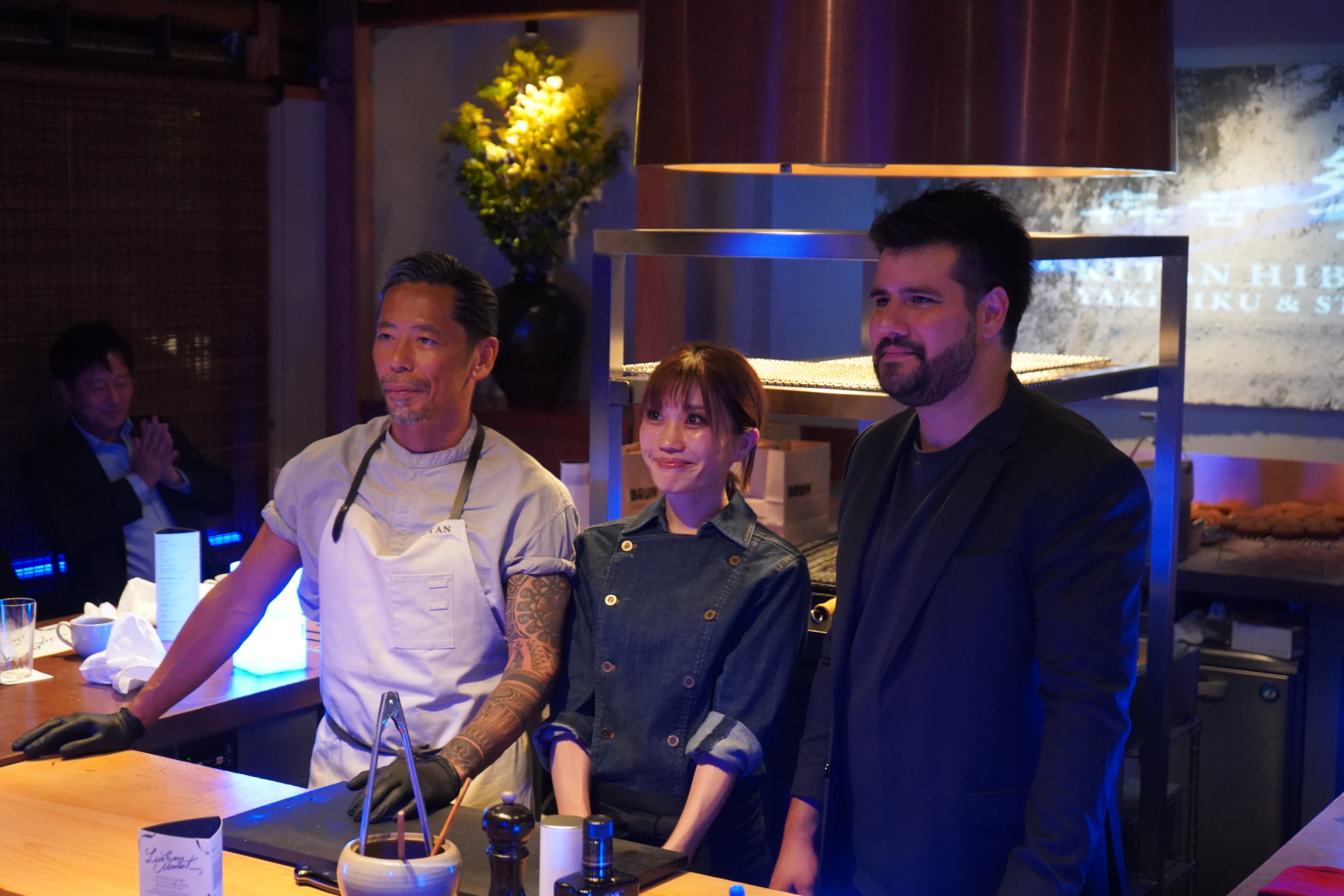 The Kitan Hibiki chef, the BRUN baker and Gui at the counter during the collaboration